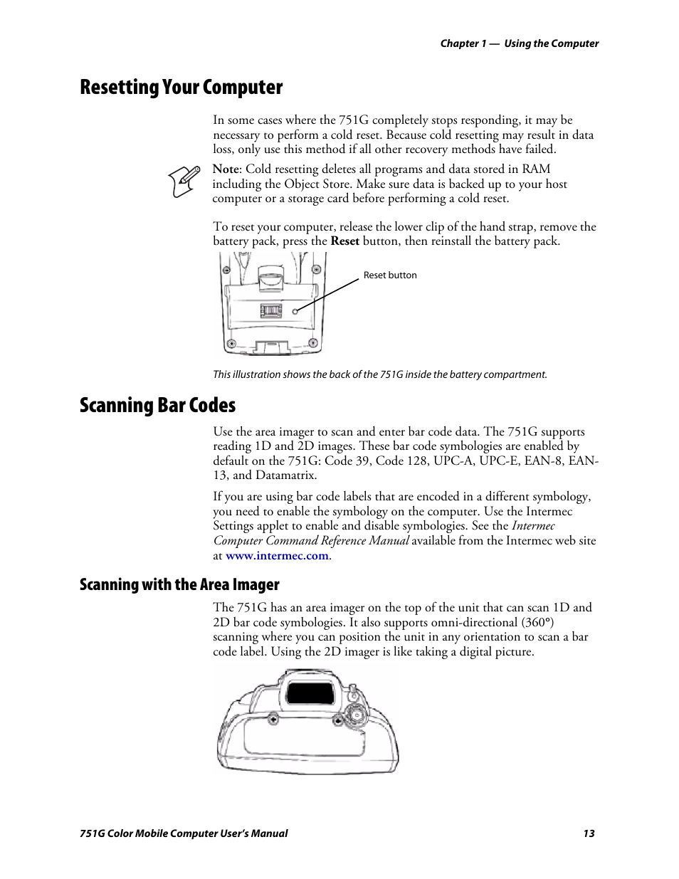 Resetting your computer, Scanning bar codes, Scanning with the area imager | Intermec 751G User Manual | Page 27 / 156