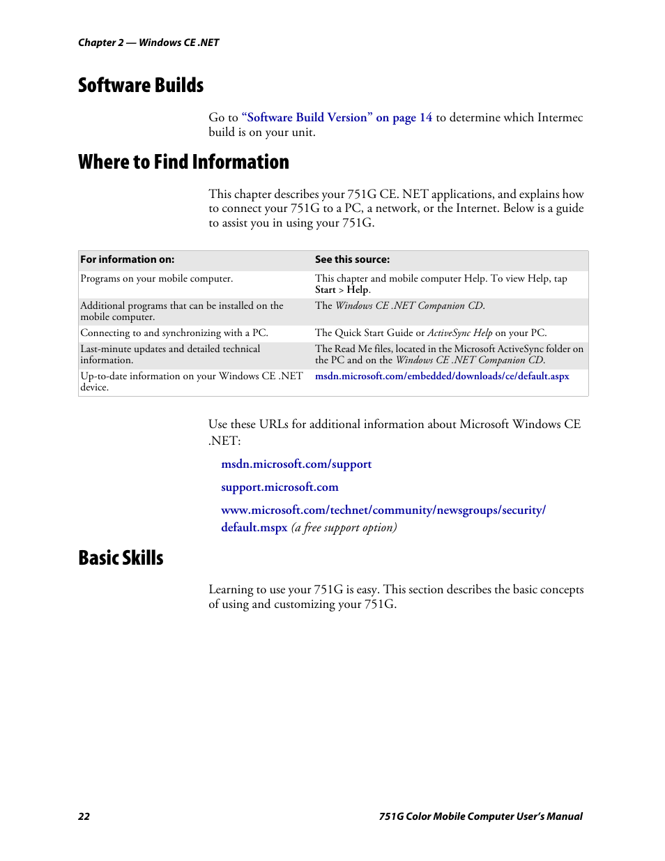 Software builds, Where to find information, Basic skills | Intermec 751G User Manual | Page 36 / 156