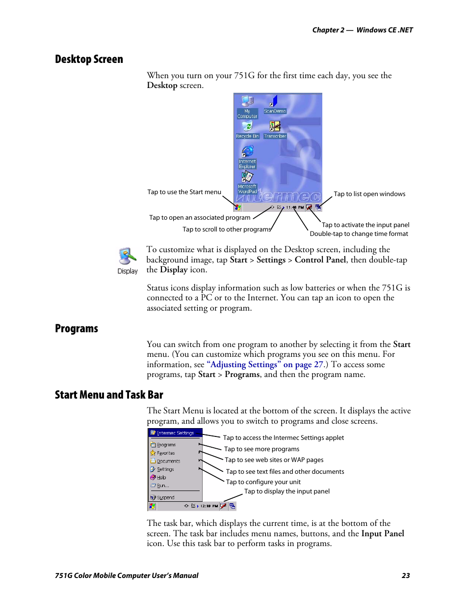 Desktop screen, Programs, Start menu and task bar | Intermec 751G User Manual | Page 37 / 156