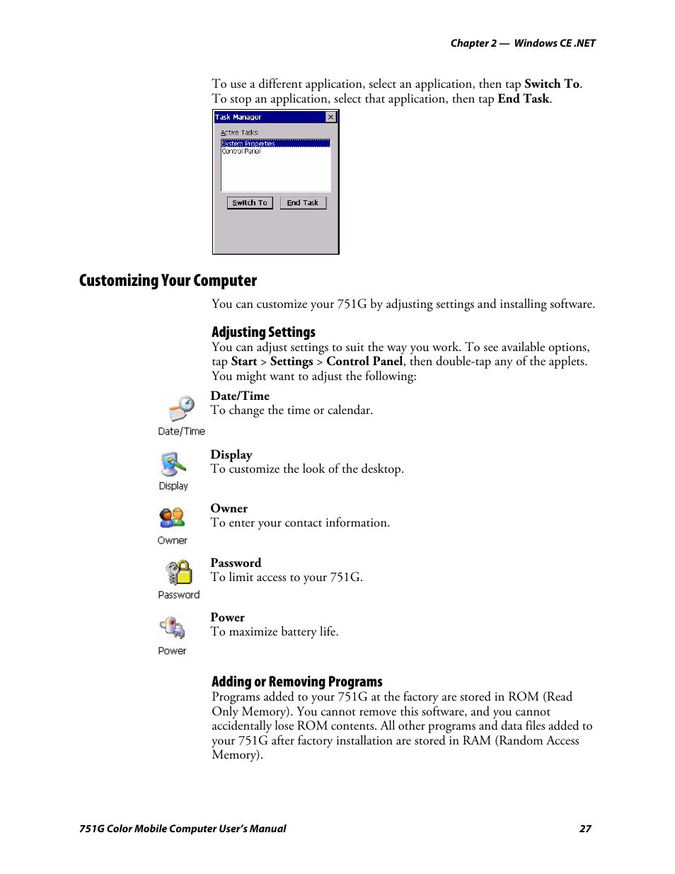Customizing your computer, Adjusting settings, Adding or removing programs | Intermec 751G User Manual | Page 41 / 156