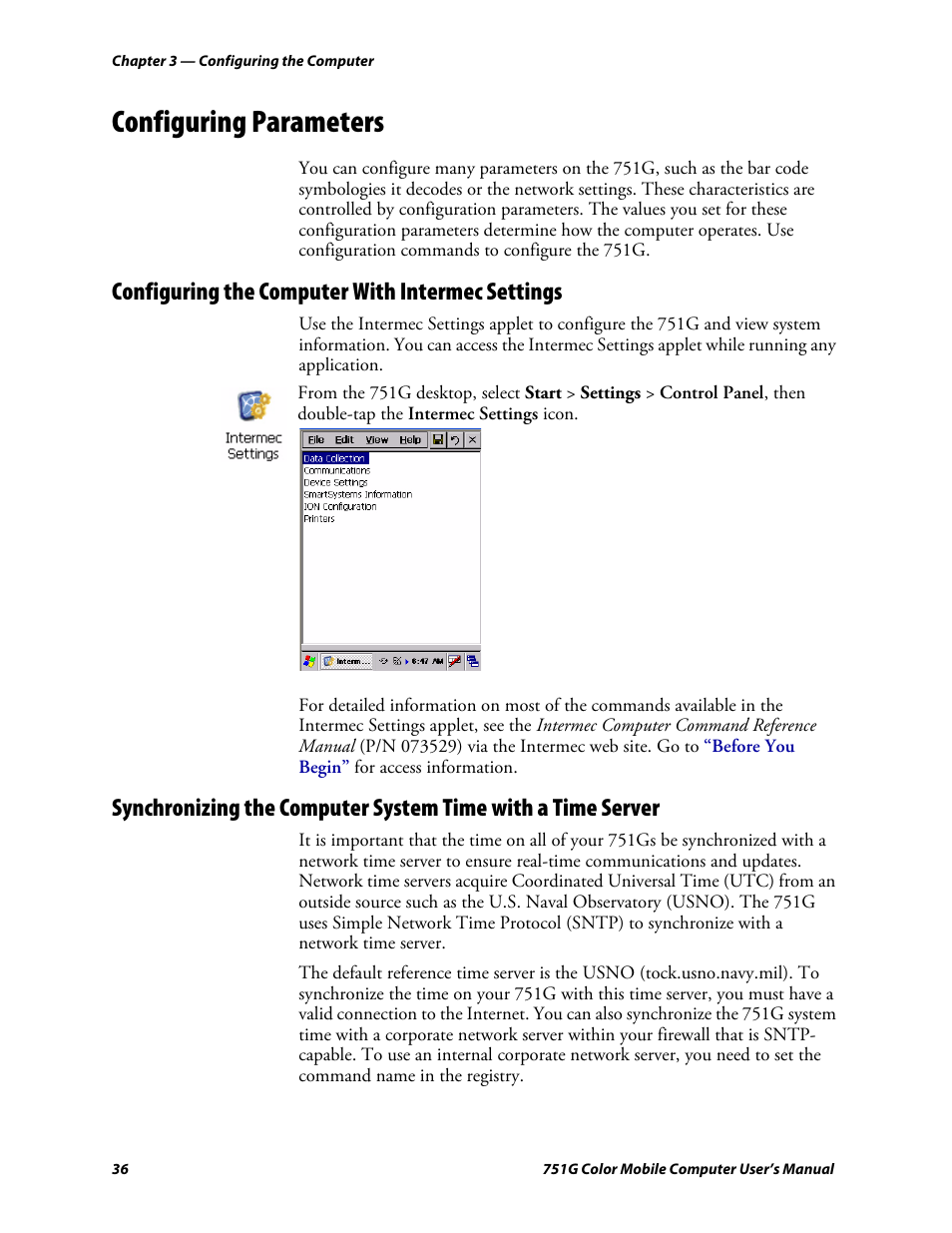 Configuring parameters, Configuring the computer with intermec settings | Intermec 751G User Manual | Page 50 / 156