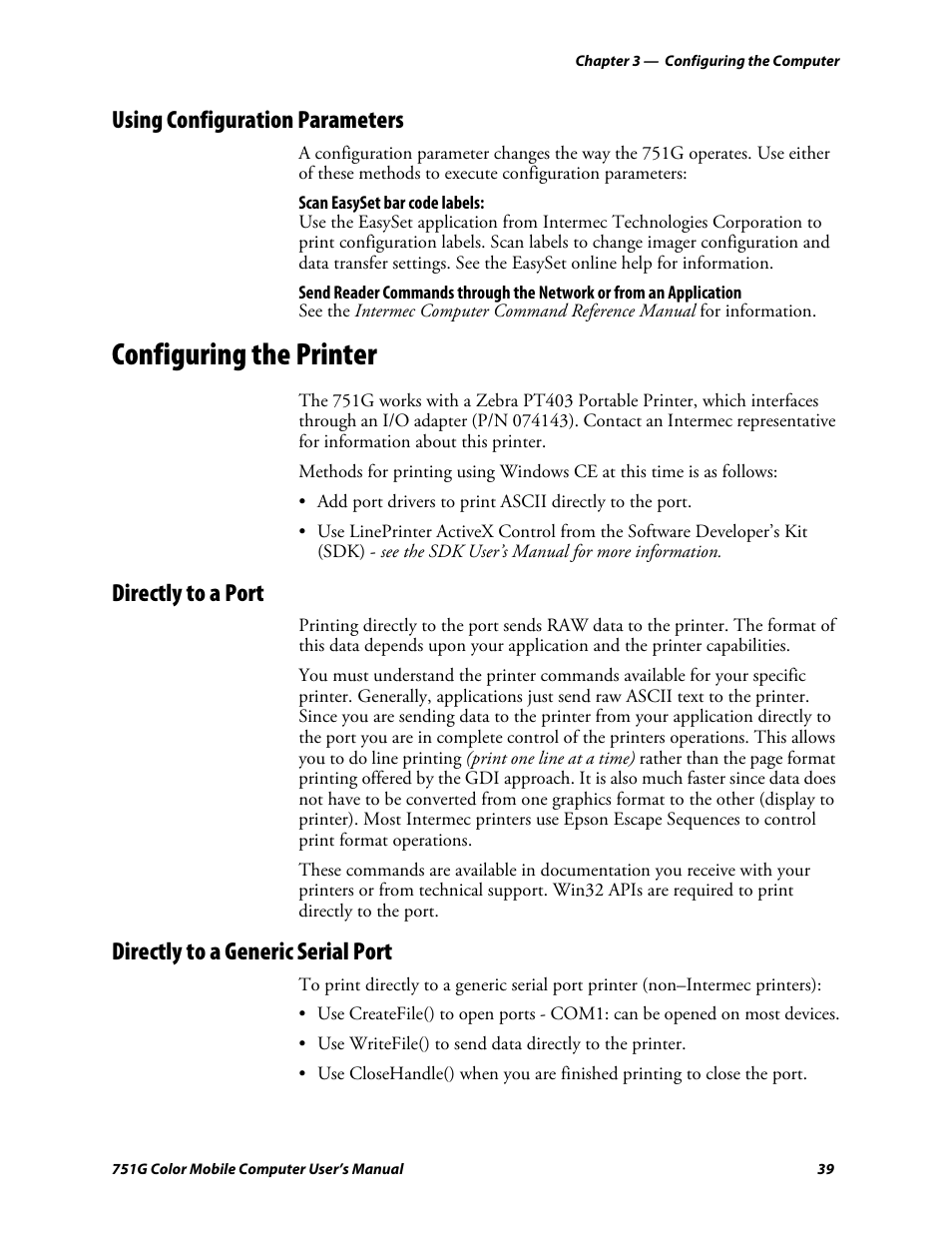 Using configuration parameters, Configuring the printer, Directly to a port | Directly to a generic serial port | Intermec 751G User Manual | Page 53 / 156