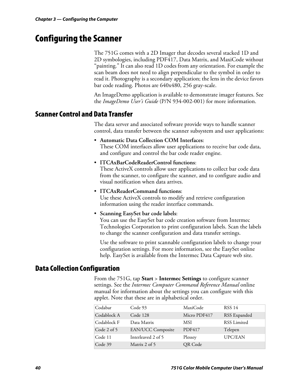 Configuring the scanner, Scanner control and data transfer, Data collection configuration | Intermec 751G User Manual | Page 54 / 156