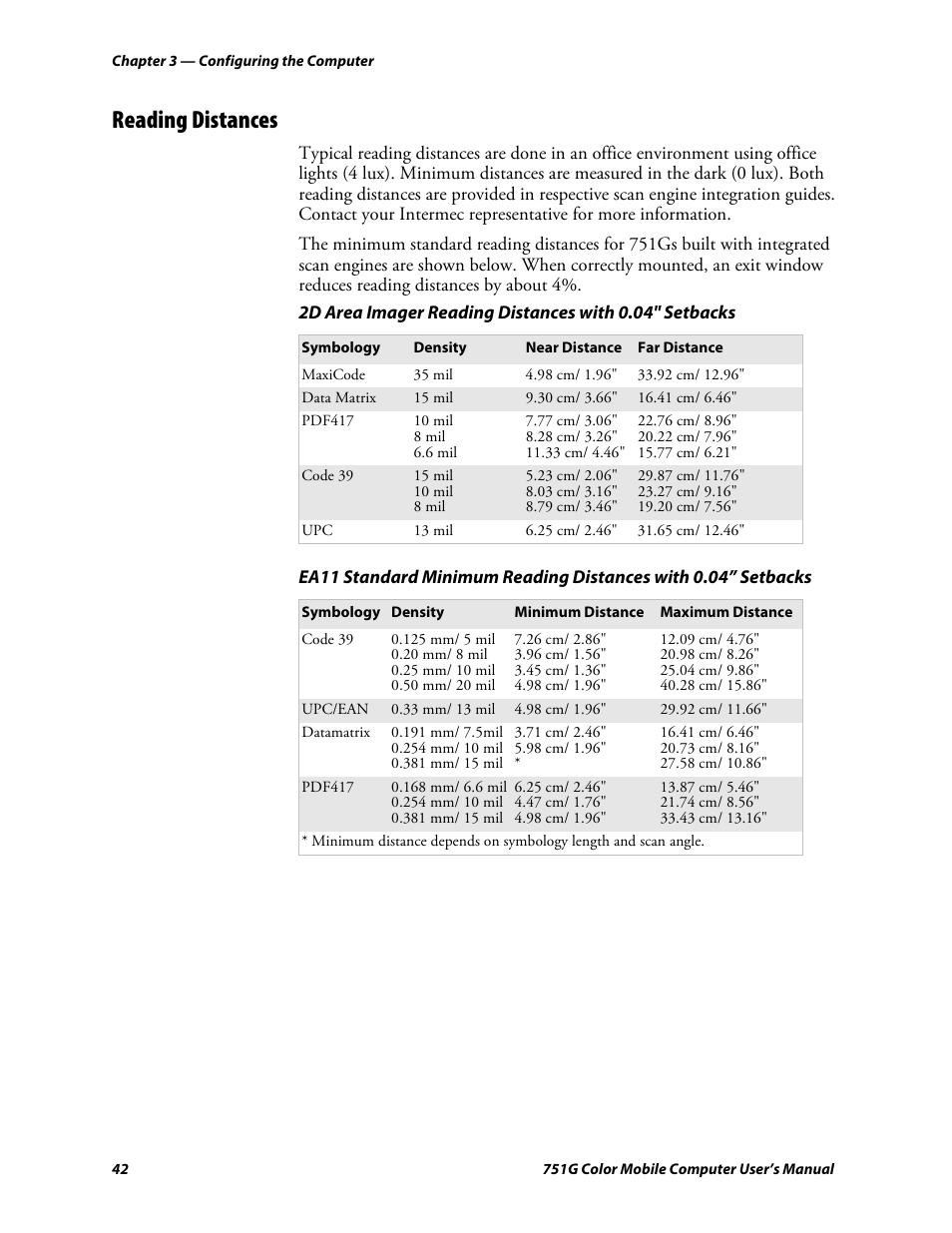 Reading distances | Intermec 751G User Manual | Page 56 / 156