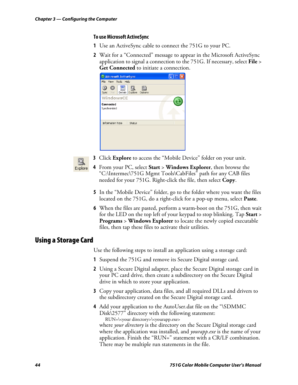 Using a storage card, Ecure digital storage cards | Intermec 751G User Manual | Page 58 / 156