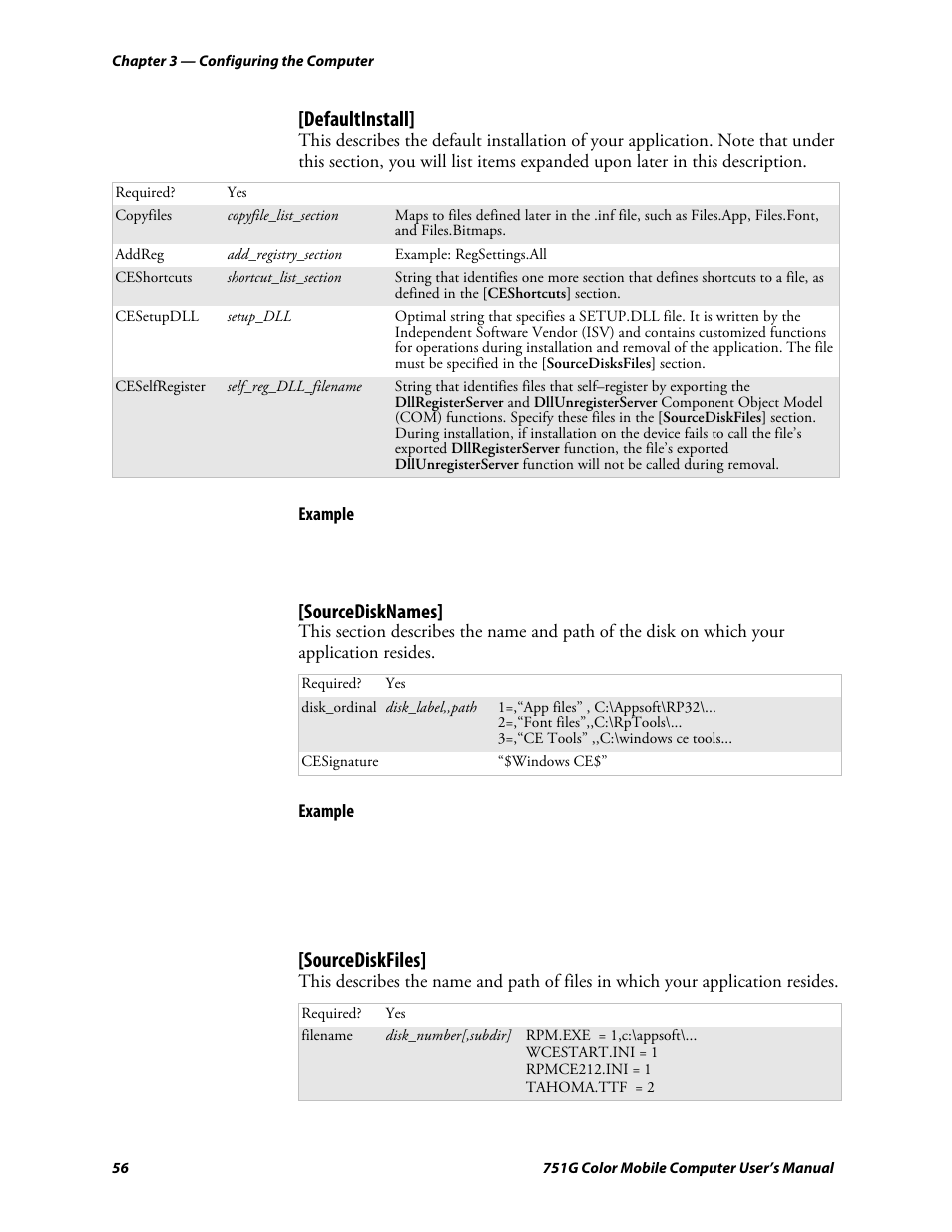 Defaultinstall, Sourcedisknames, Sourcediskfiles | Intermec 751G User Manual | Page 70 / 156