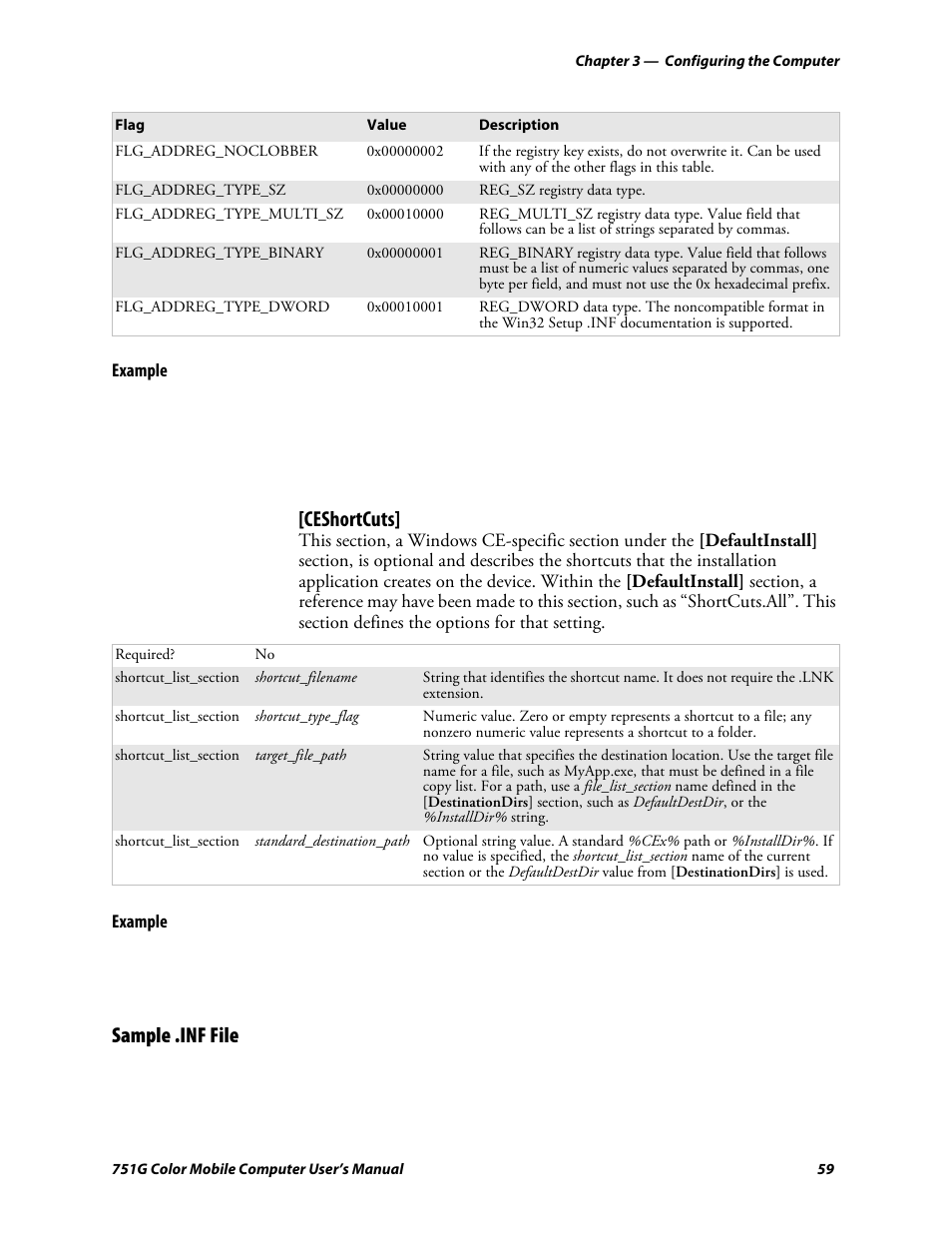 Sample .inf file, Ceshortcuts | Intermec 751G User Manual | Page 73 / 156