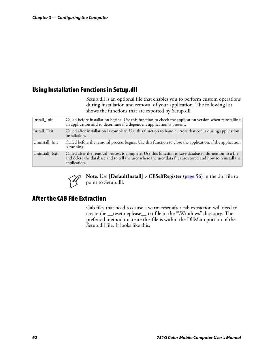 Using installation functions in setup.dll, After the cab file extraction | Intermec 751G User Manual | Page 76 / 156