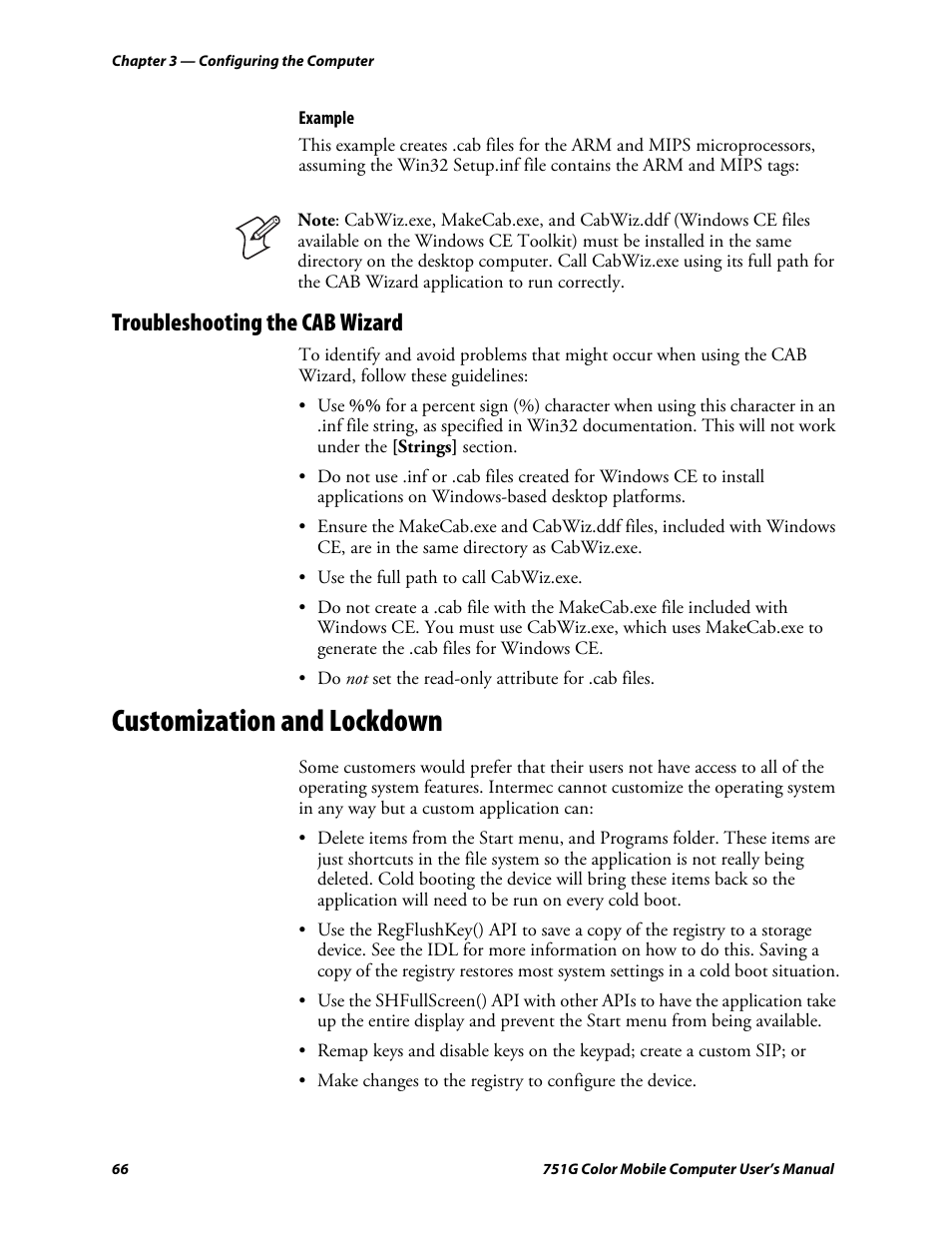 Troubleshooting the cab wizard, Customization and lockdown | Intermec 751G User Manual | Page 80 / 156