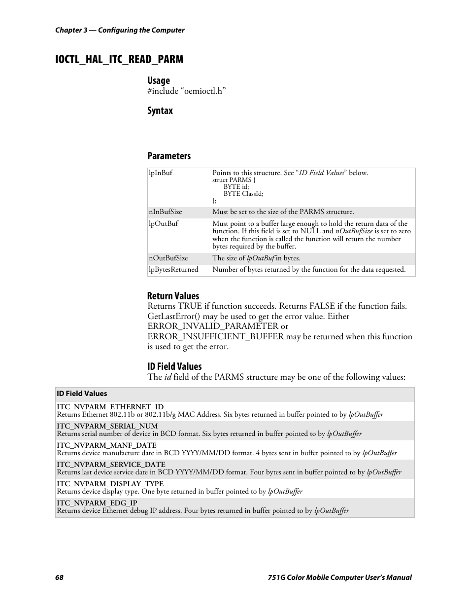 Ioctl_hal_itc_read_parm, Usage, Syntax | Parameters return values, Id field values | Intermec 751G User Manual | Page 82 / 156