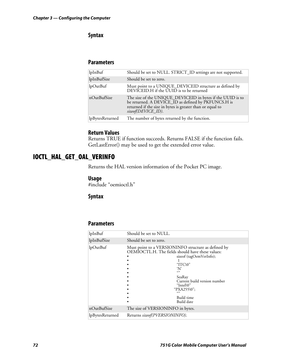 Ioctl_hal_get_oal_verinfo, Syntax, Parameters return values | Usage, Parameters | Intermec 751G User Manual | Page 86 / 156