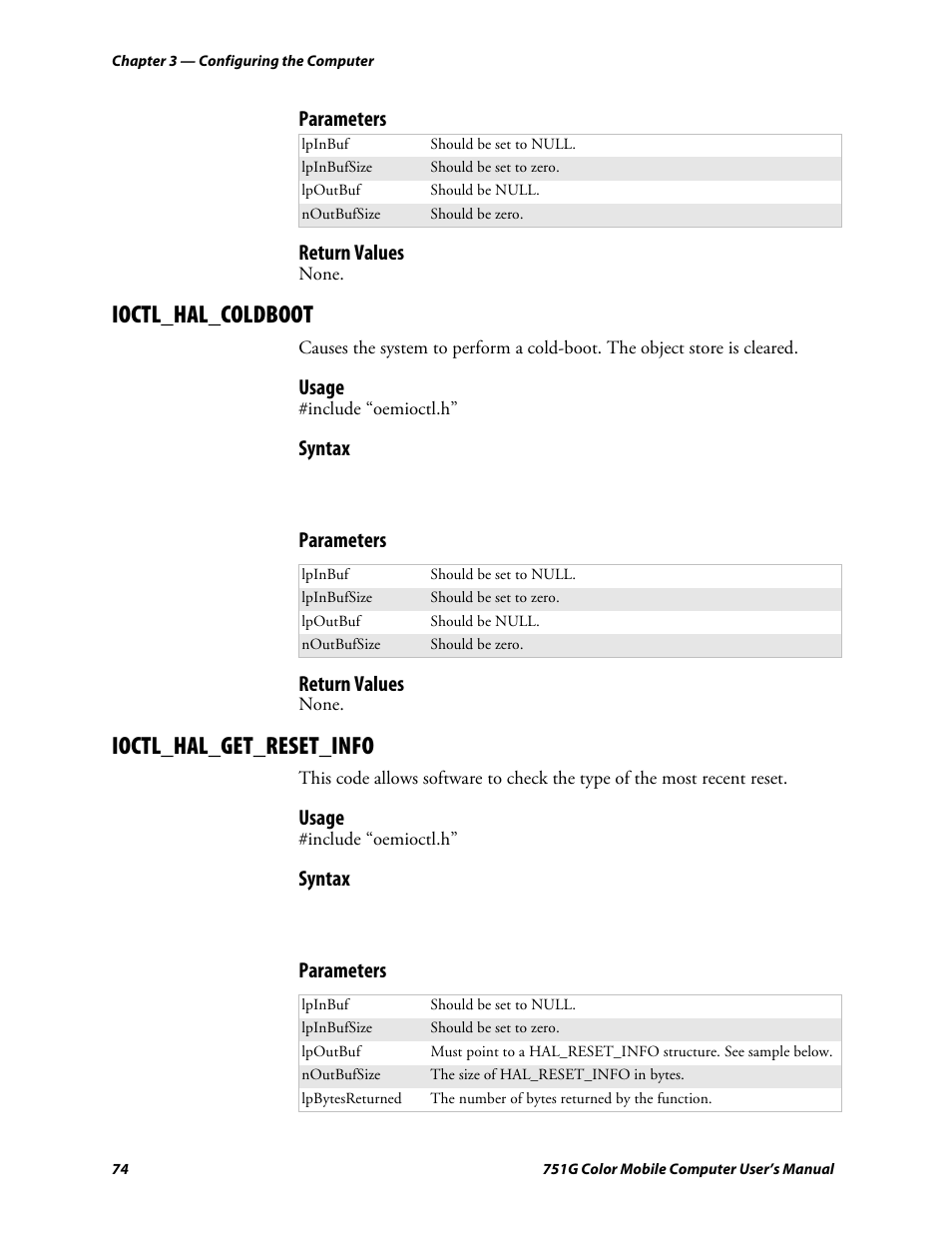 Ioctl_hal_coldboot, Ioctl_hal_get_reset_info, Parameters return values | Usage, Syntax, Parameters | Intermec 751G User Manual | Page 88 / 156