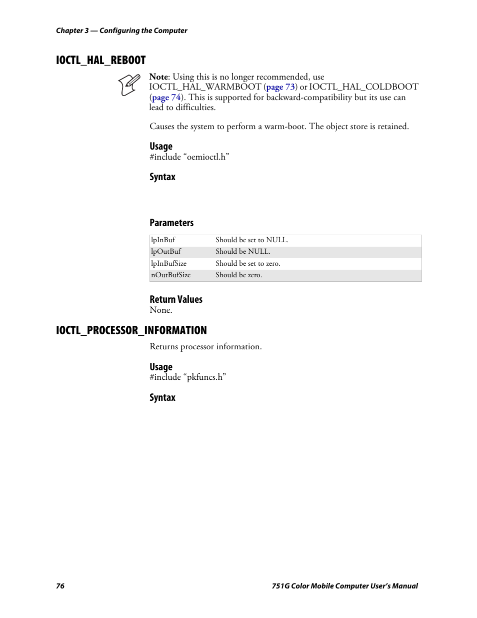 Ioctl_hal_reboot, Ioctl_processor_information | Intermec 751G User Manual | Page 90 / 156