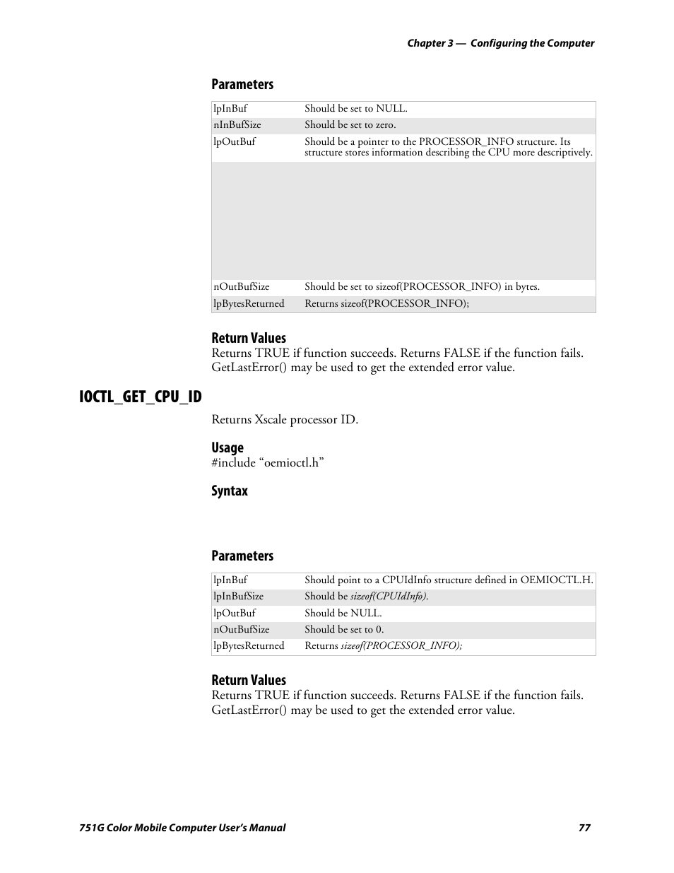 Ioctl_get_cpu_id, Parameters return values, Usage | Syntax | Intermec 751G User Manual | Page 91 / 156