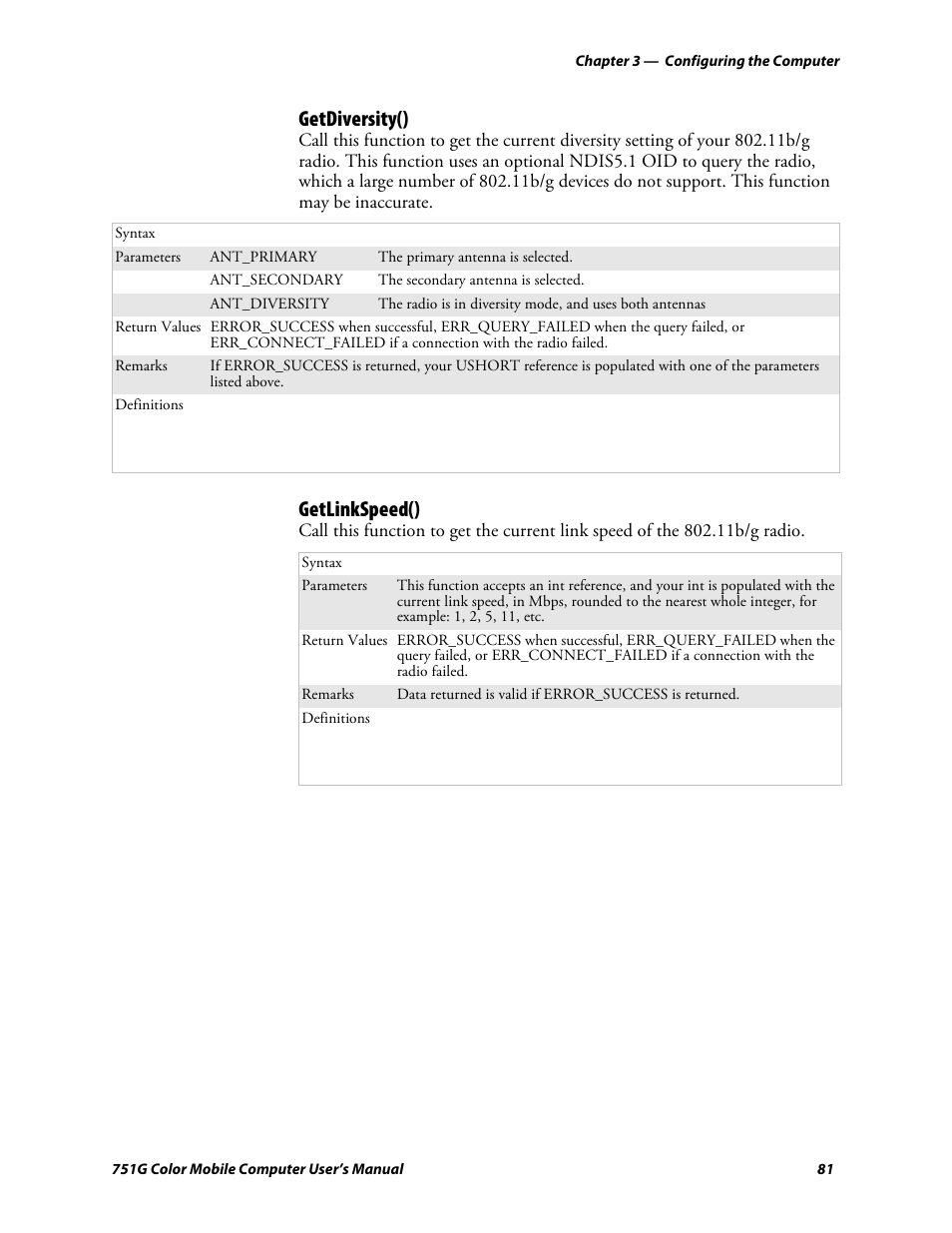 Getdiversity(), Getlinkspeed() | Intermec 751G User Manual | Page 95 / 156