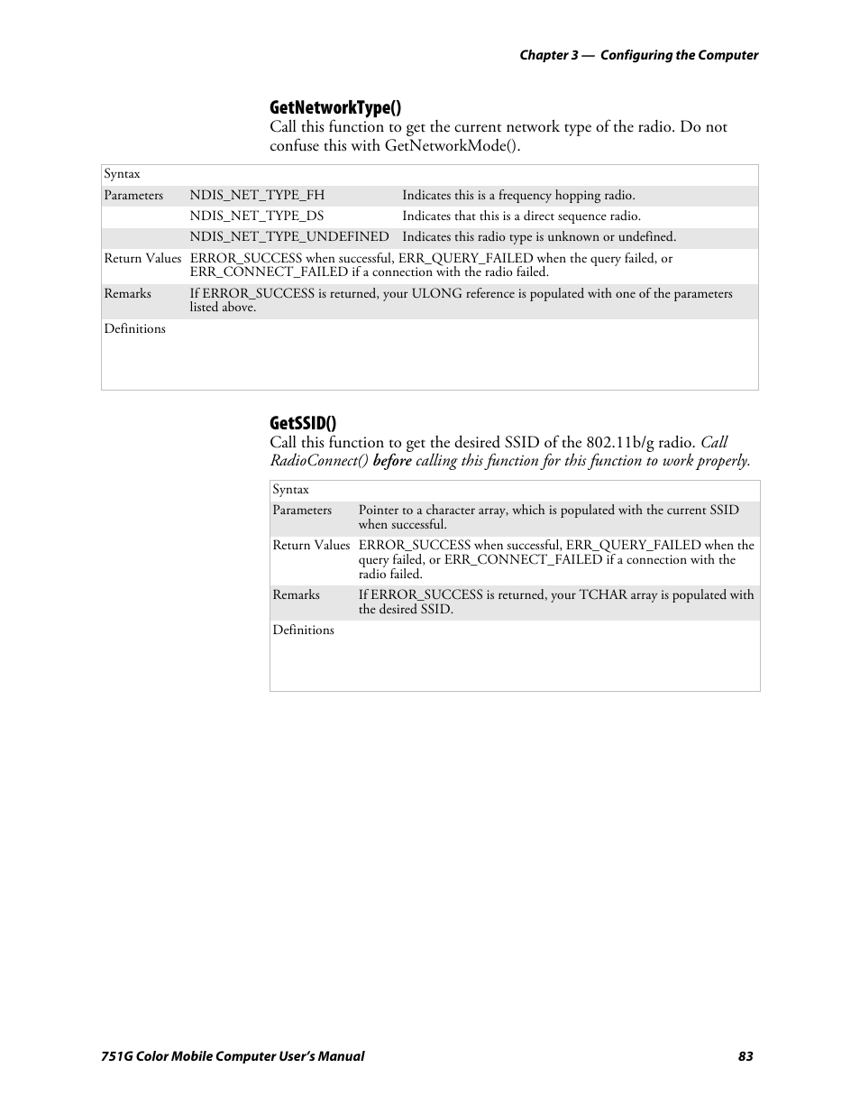 Getnetworktype(), Getssid() | Intermec 751G User Manual | Page 97 / 156