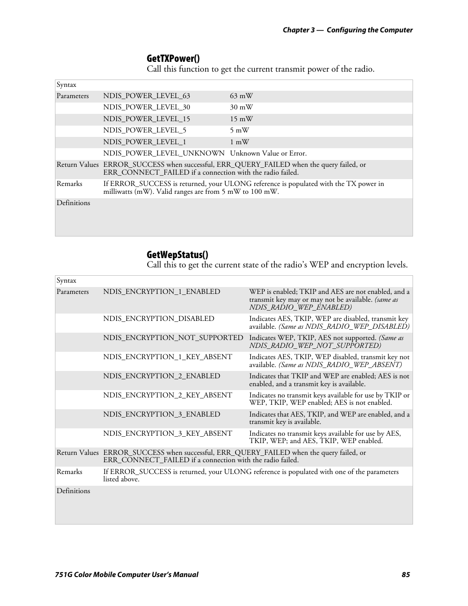 Gettxpower(), Getwepstatus() | Intermec 751G User Manual | Page 99 / 156