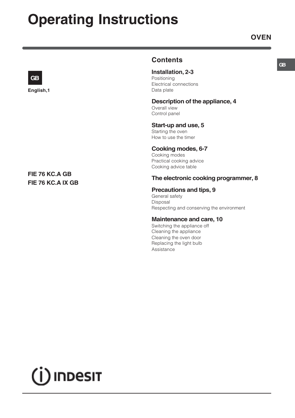 Indesit FIE 76 KC.A IX GB User Manual | 12 pages