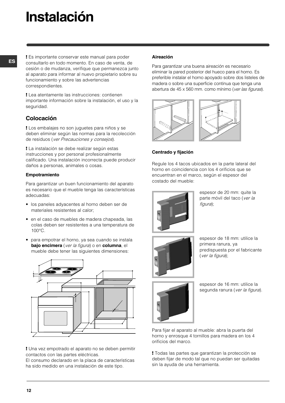 Instalación, Colocación | Indesit HI 22 C.B IX IB User Manual | Page 12 / 40
