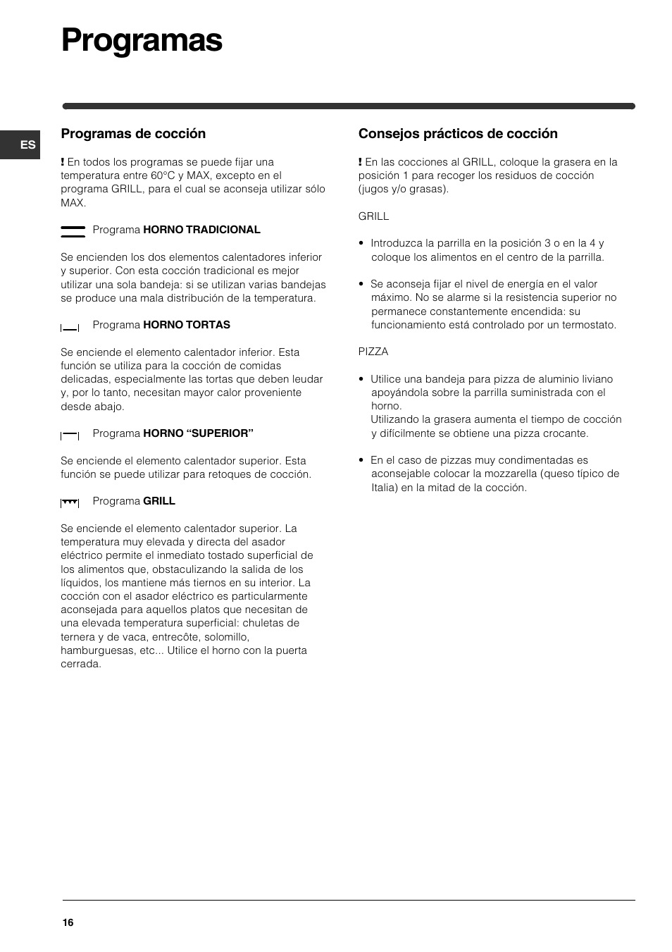 Programas | Indesit HI 22 C.B IX IB User Manual | Page 16 / 40