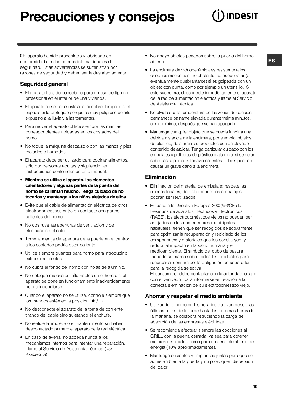 Precauciones y consejos, Seguridad general, Eliminación | Ahorrar y respetar el medio ambiente | Indesit HI 22 C.B IX IB User Manual | Page 19 / 40
