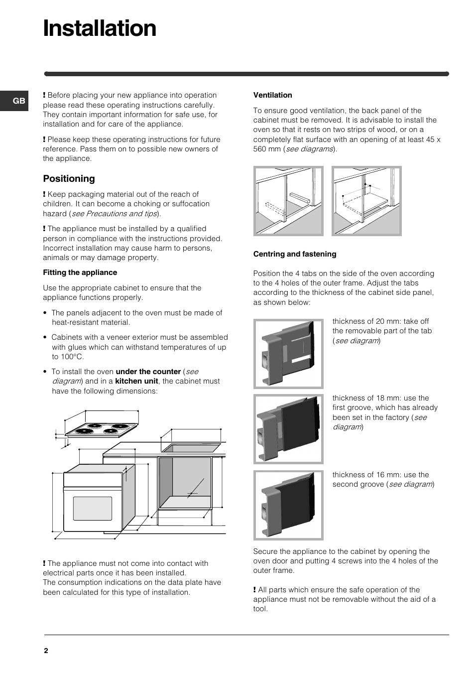 Installation, Positioning | Indesit HI 22 C.B IX IB User Manual | Page 2 / 40