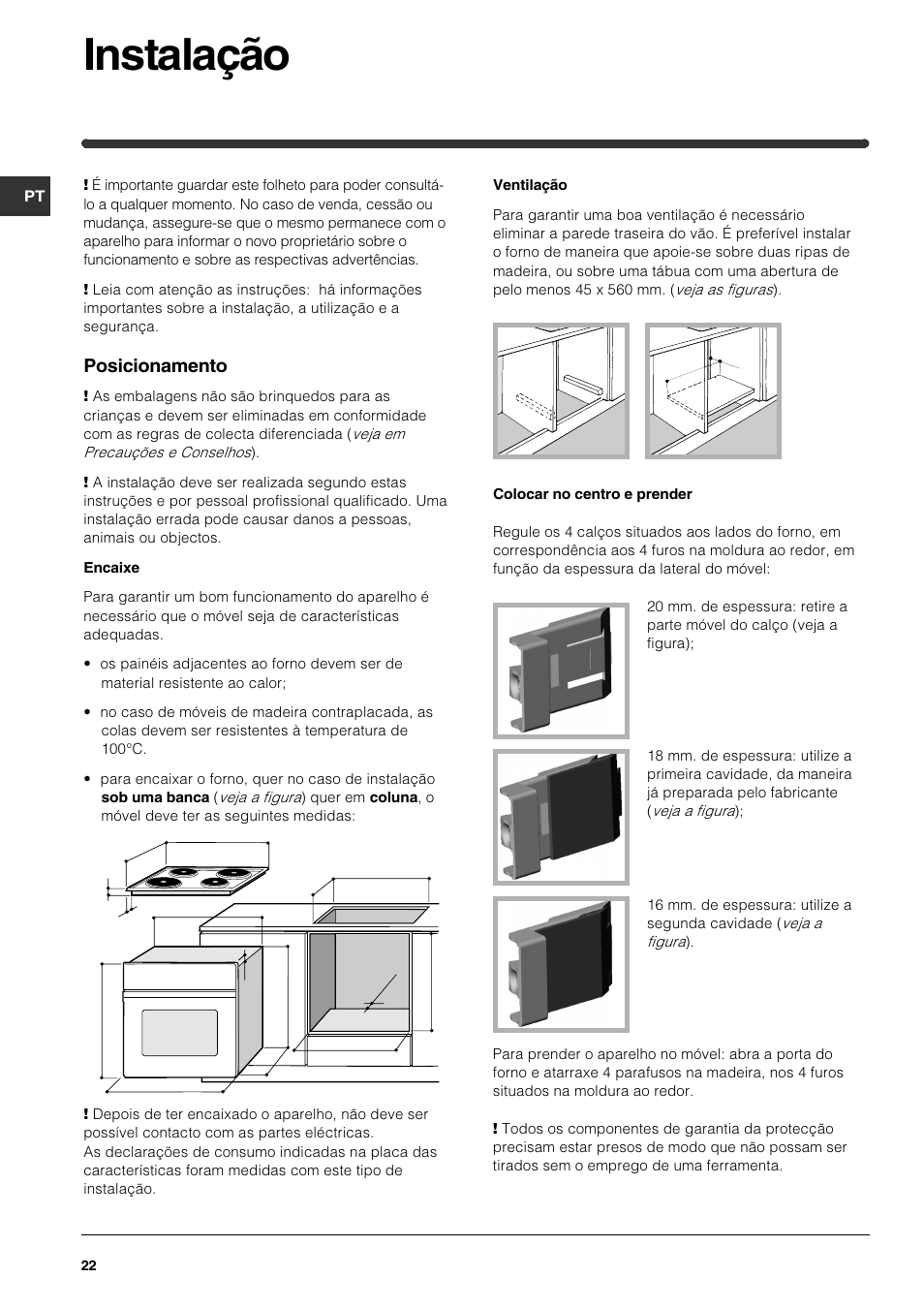 Instalação, Posicionamento | Indesit HI 22 C.B IX IB User Manual | Page 22 / 40