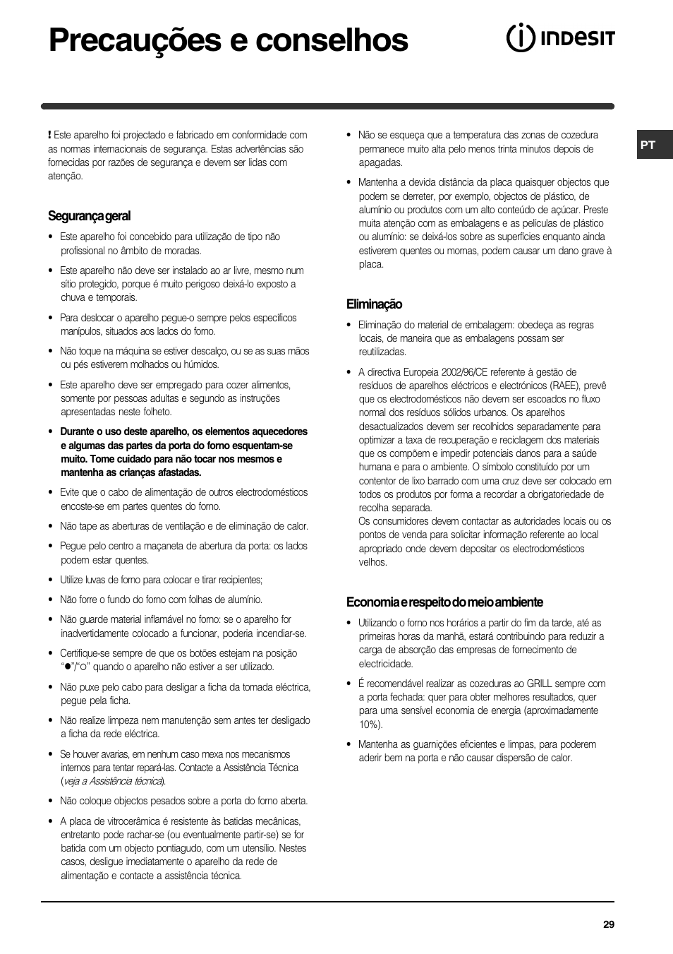 Precauções e conselhos, Segurança geral, Eliminação | Economia e respeito do meio ambiente | Indesit HI 22 C.B IX IB User Manual | Page 29 / 40