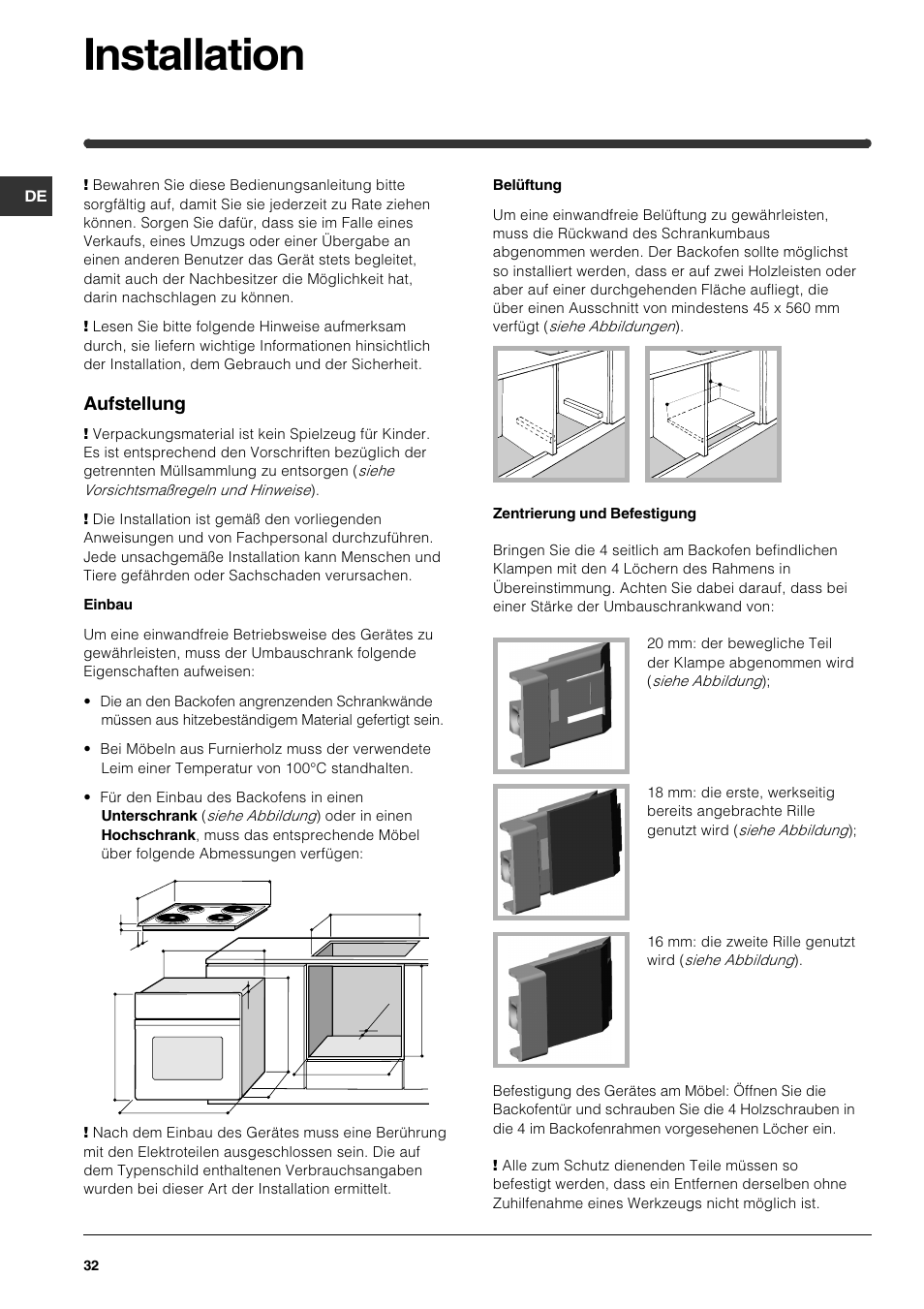 Installation, Aufstellung | Indesit HI 22 C.B IX IB User Manual | Page 32 / 40