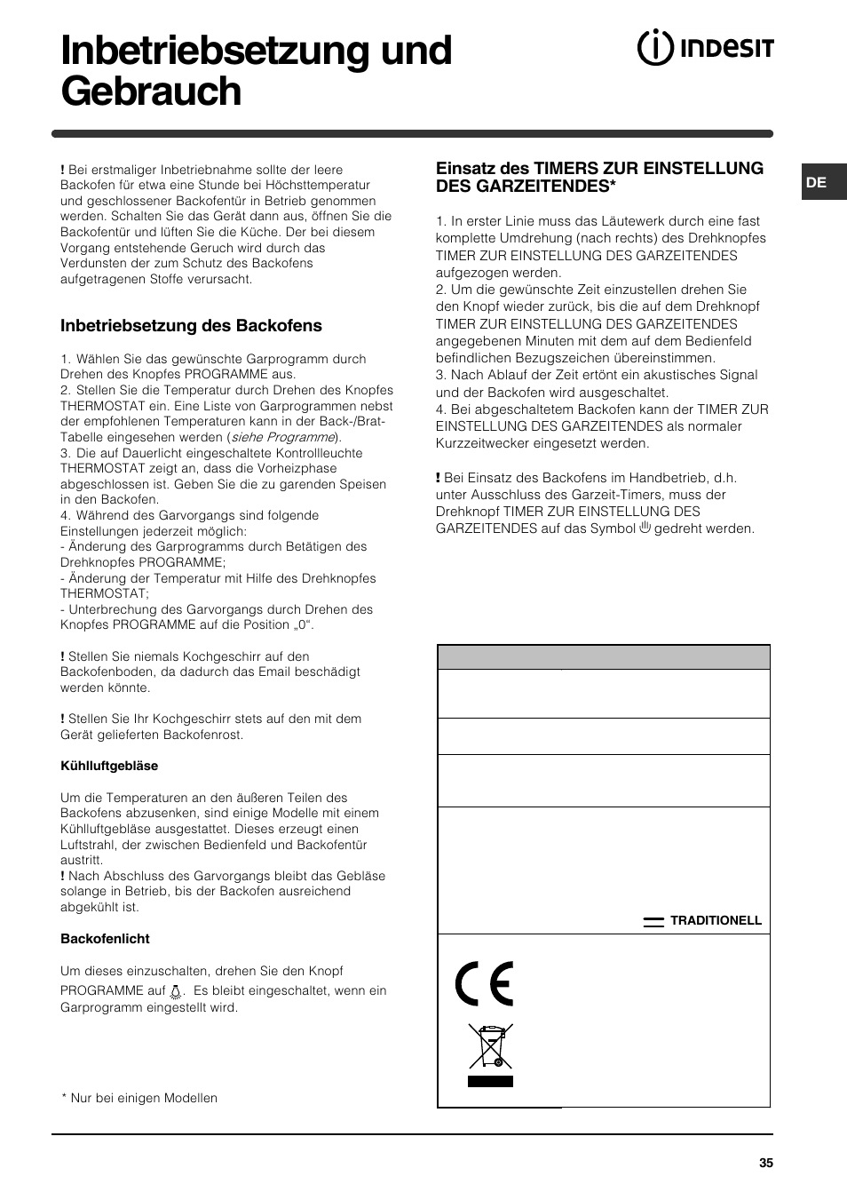 Inbetriebsetzung und gebrauch, Inbetriebsetzung des backofens | Indesit HI 22 C.B IX IB User Manual | Page 35 / 40