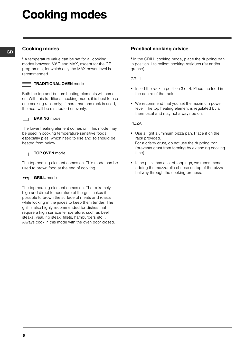 Cooking modes | Indesit HI 22 C.B IX IB User Manual | Page 6 / 40