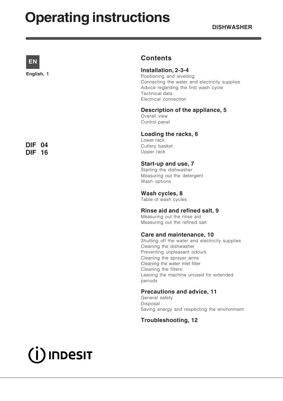 Indesit DIF 04 User Manual | 12 pages