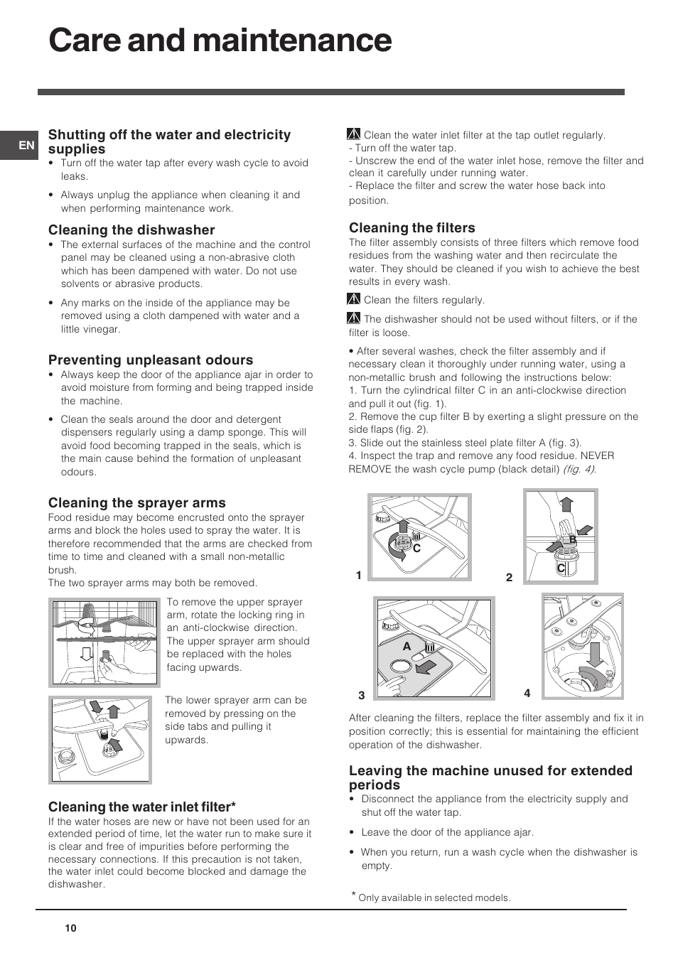 Care and maintenance, Shutting off the water and electricity supplies, Cleaning the dishwasher | Preventing unpleasant odours, Cleaning the sprayer arms, Cleaning the water inlet filter, Cleaning the filters, Leaving the machine unused for extended periods | Indesit DIF 04 User Manual | Page 10 / 12