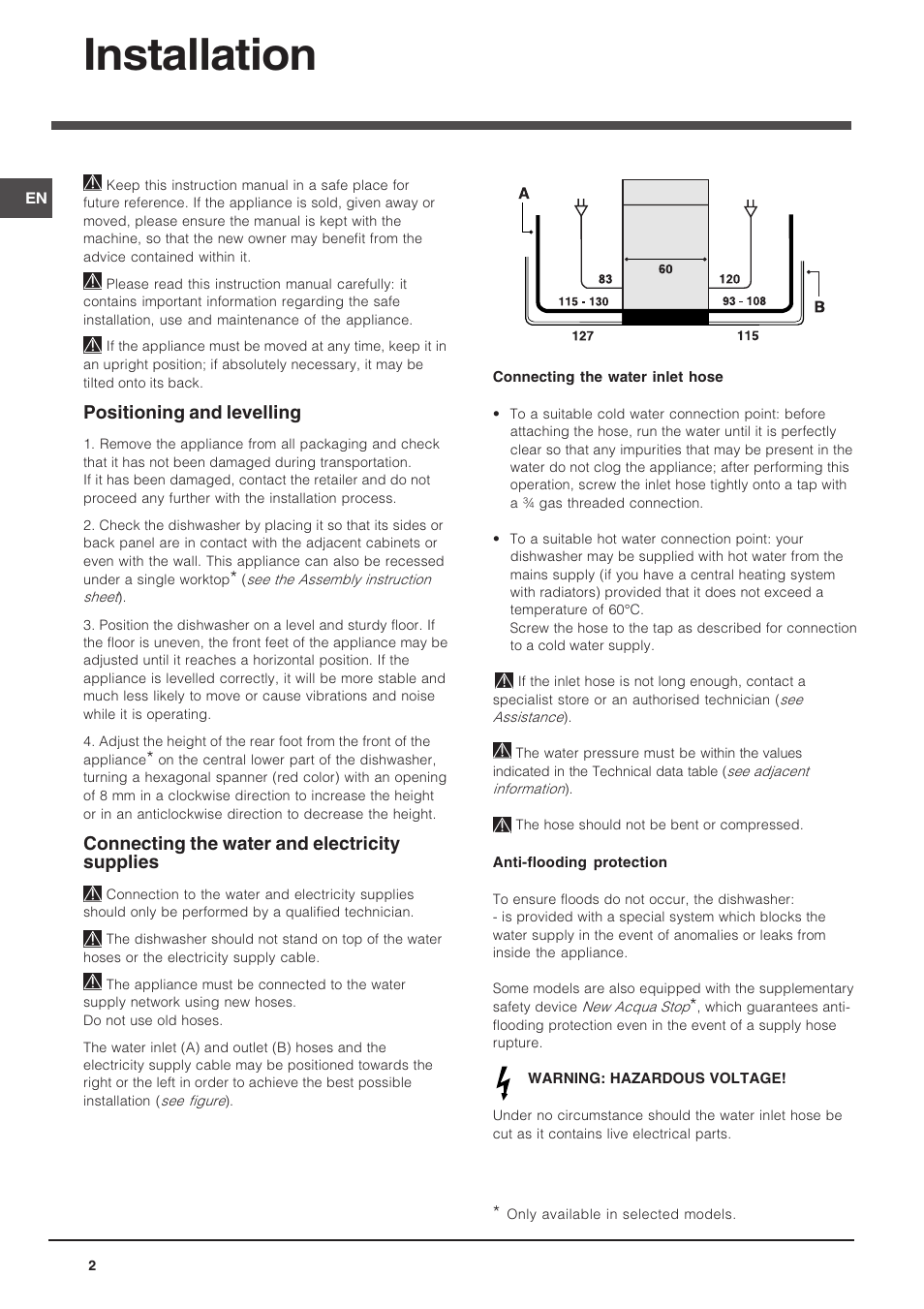 Installation, Positioning and levelling, Connecting the water and electricity supplies | Indesit DIF 04 User Manual | Page 2 / 12