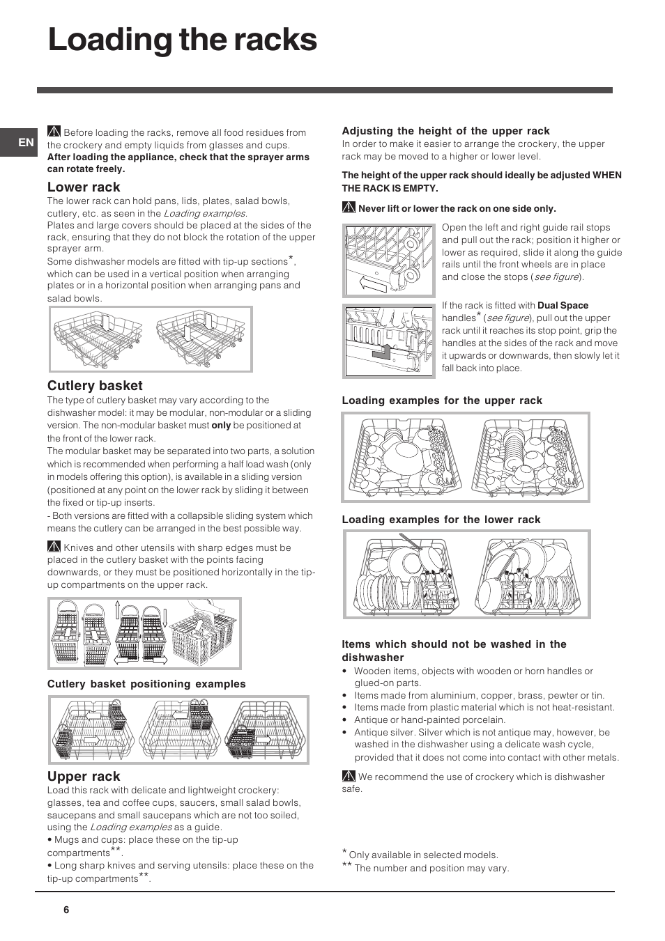 Loading the racks, Lower rack, Cutlery basket | Upper rack | Indesit DIF 04 User Manual | Page 6 / 12
