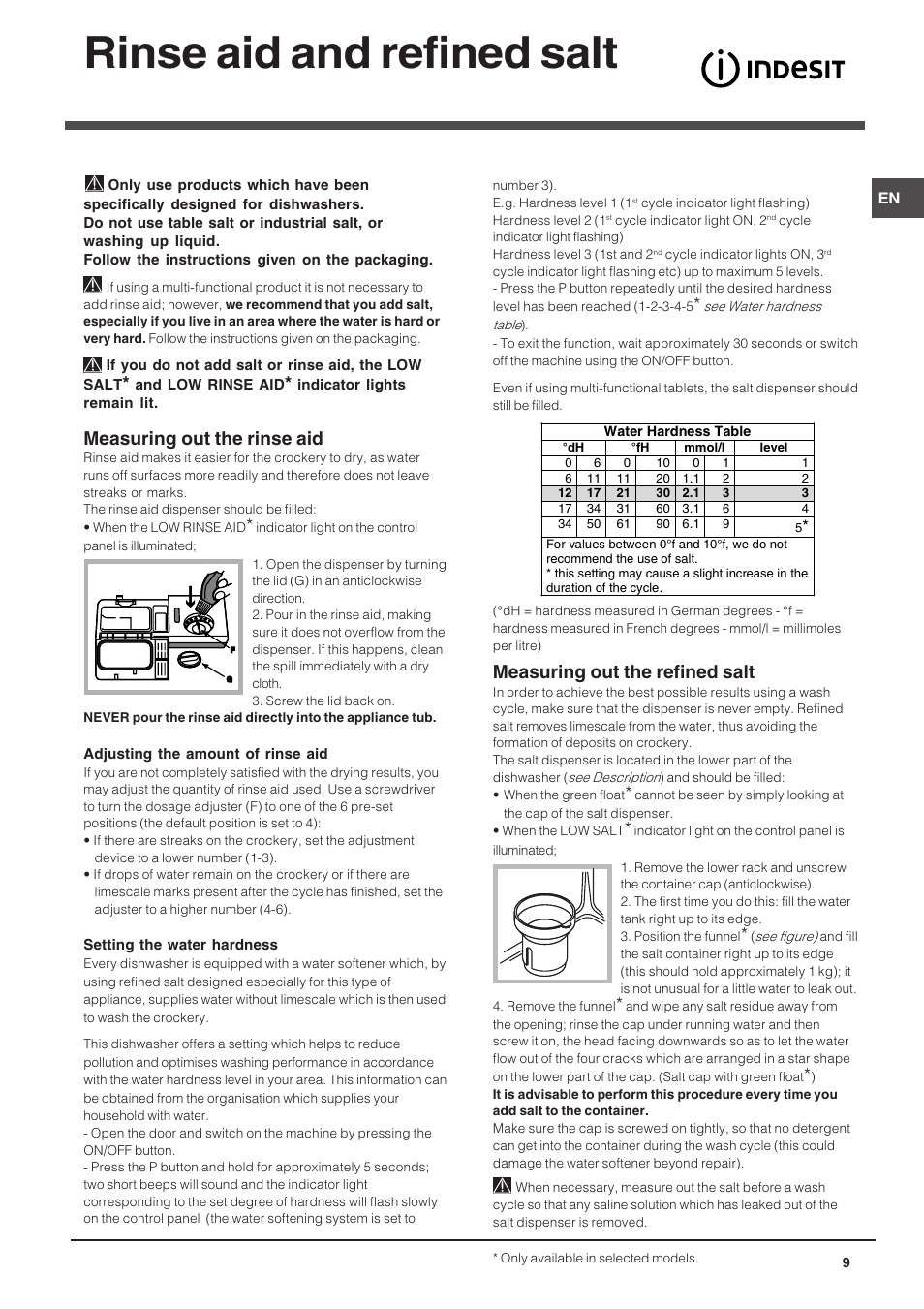 Rinse aid and refined salt, Measuring out the rinse aid, Measuring out the refined salt | Indesit DIF 04 User Manual | Page 9 / 12