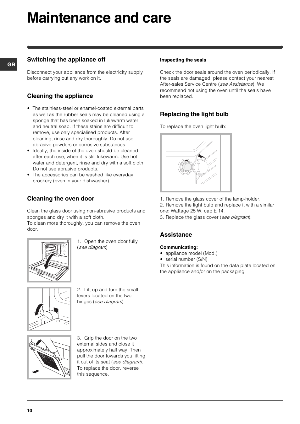 Maintenance and care | Indesit FI31 K.B GB User Manual | Page 10 / 12