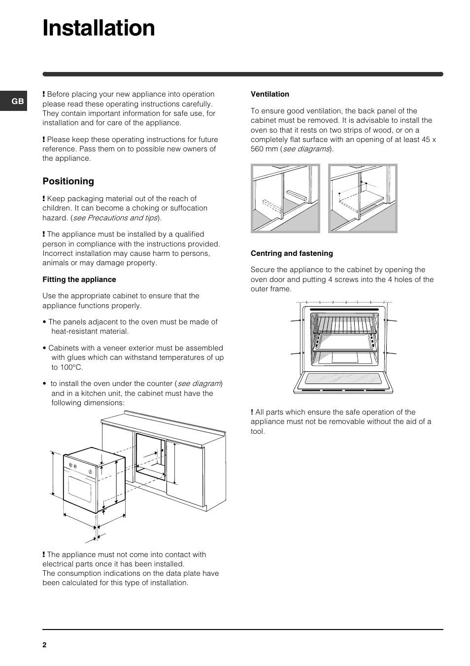 Installation, Positioning | Indesit FI31 K.B GB User Manual | Page 2 / 12