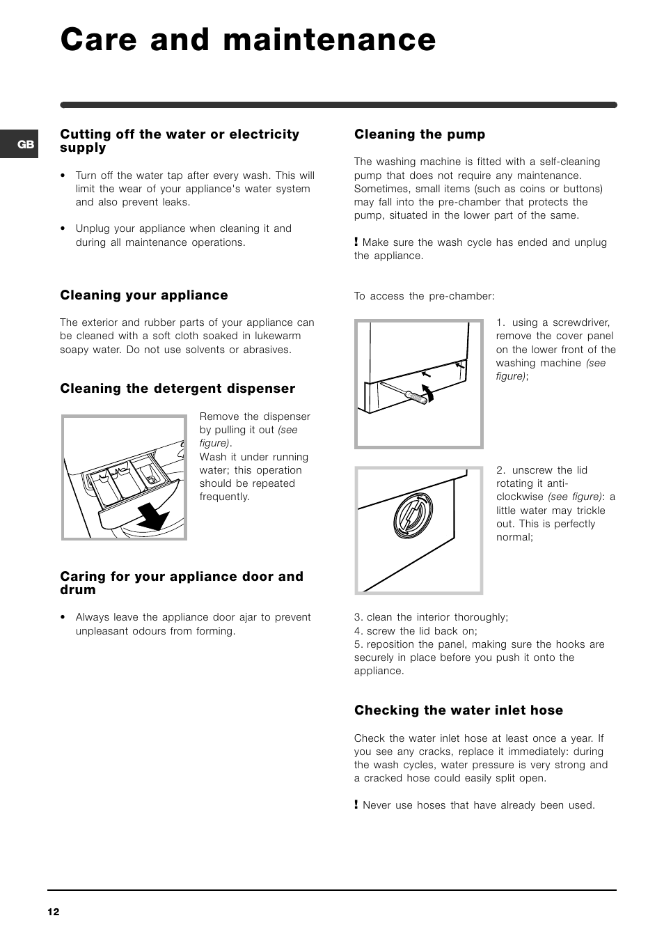 Care and maintenance | Indesit WIA 121 User Manual | Page 12 / 16