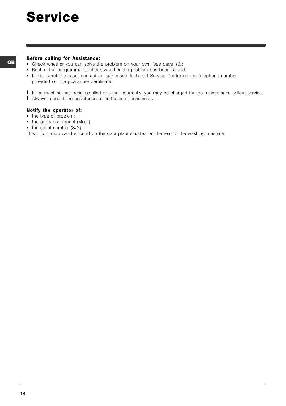 Service | Indesit WIA 121 User Manual | Page 14 / 16