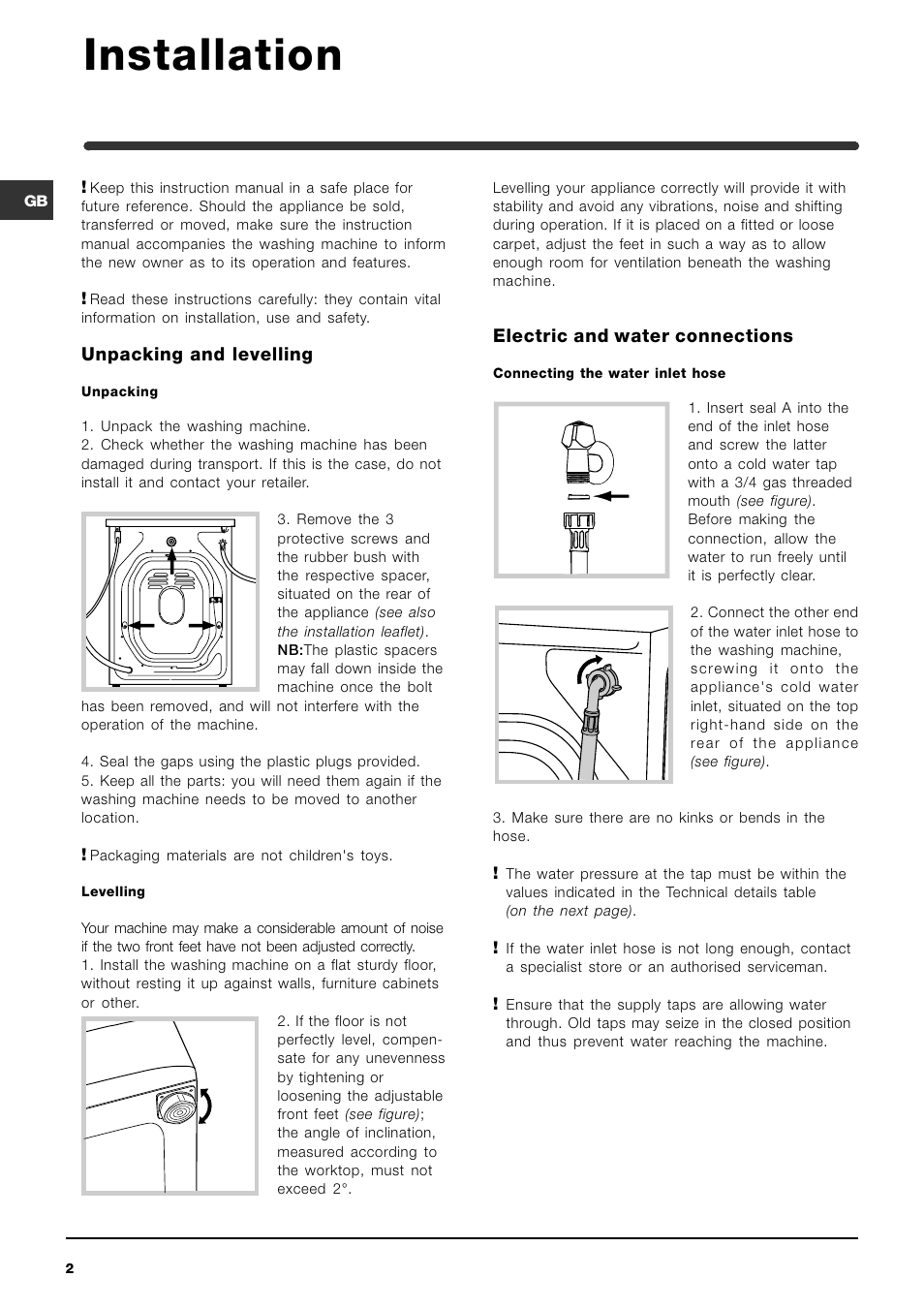 Installation, Unpacking and levelling, Electric and water connections | Indesit WIA 121 User Manual | Page 2 / 16