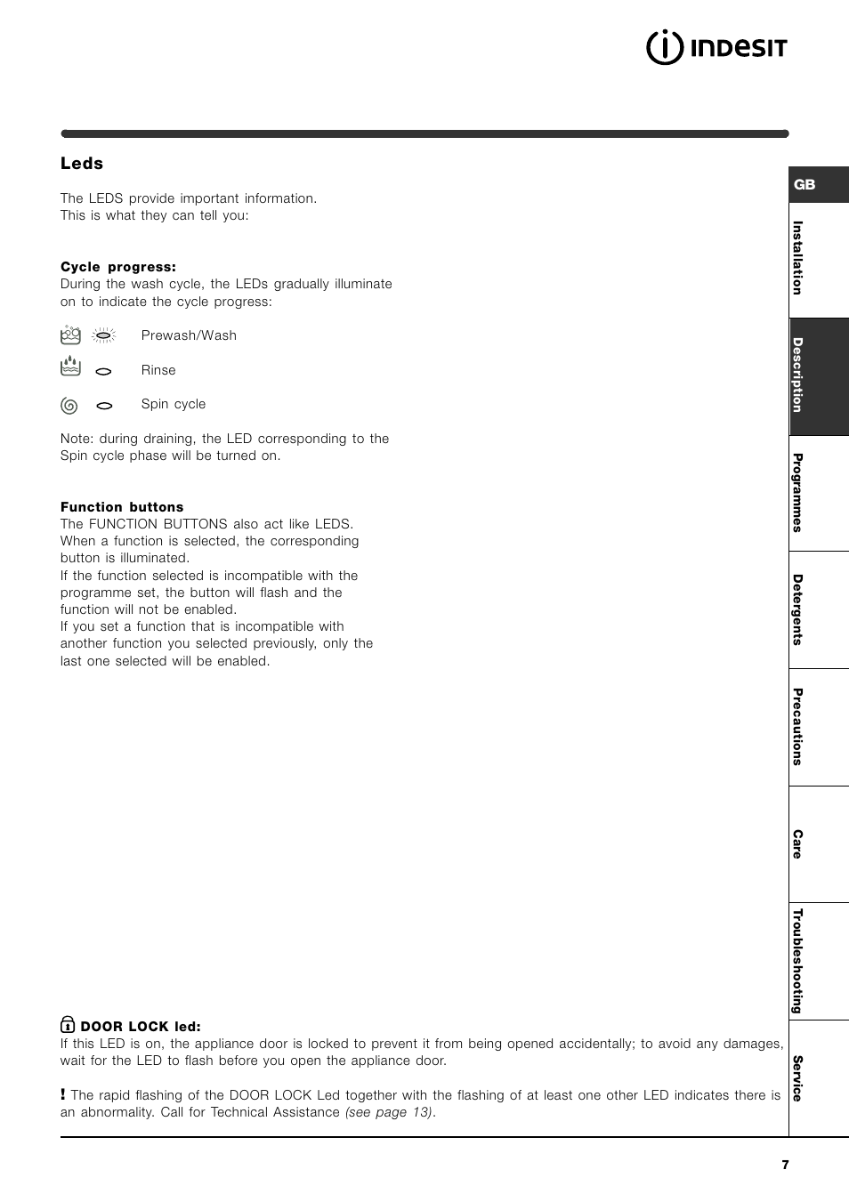 Leds | Indesit WIA 121 User Manual | Page 7 / 16