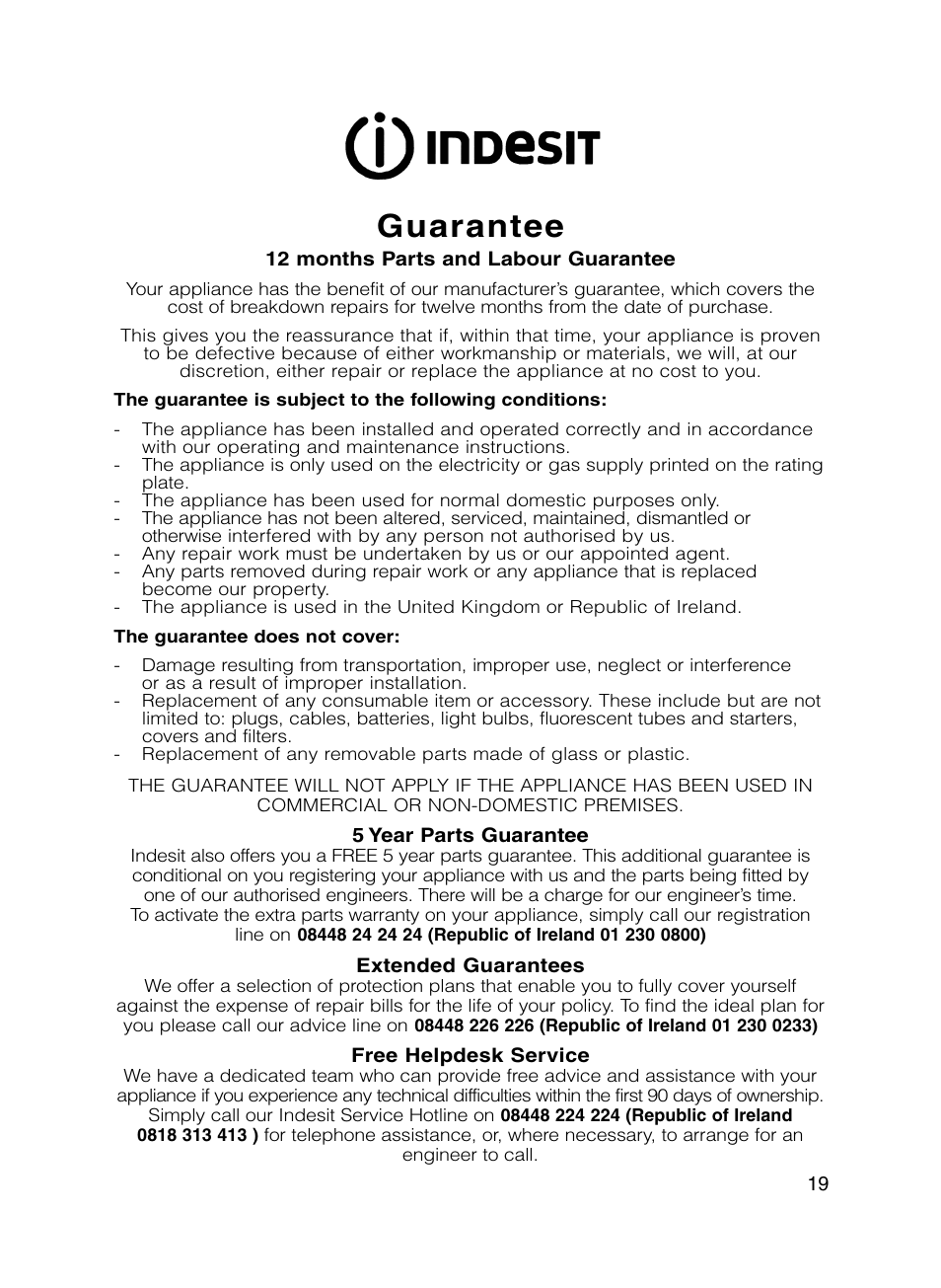 Guarantee | Indesit IS31V User Manual | Page 19 / 20