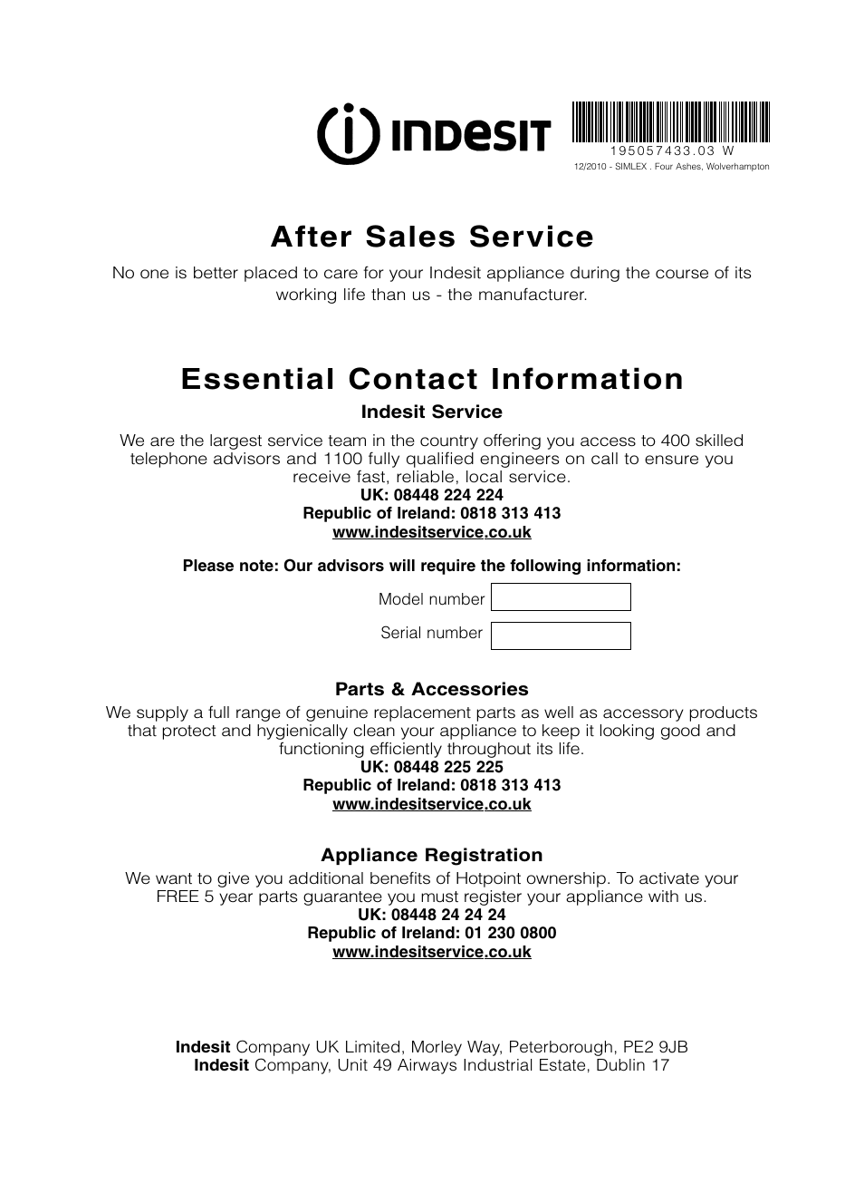 After sales service, Essential contact information | Indesit IS31V User Manual | Page 20 / 20