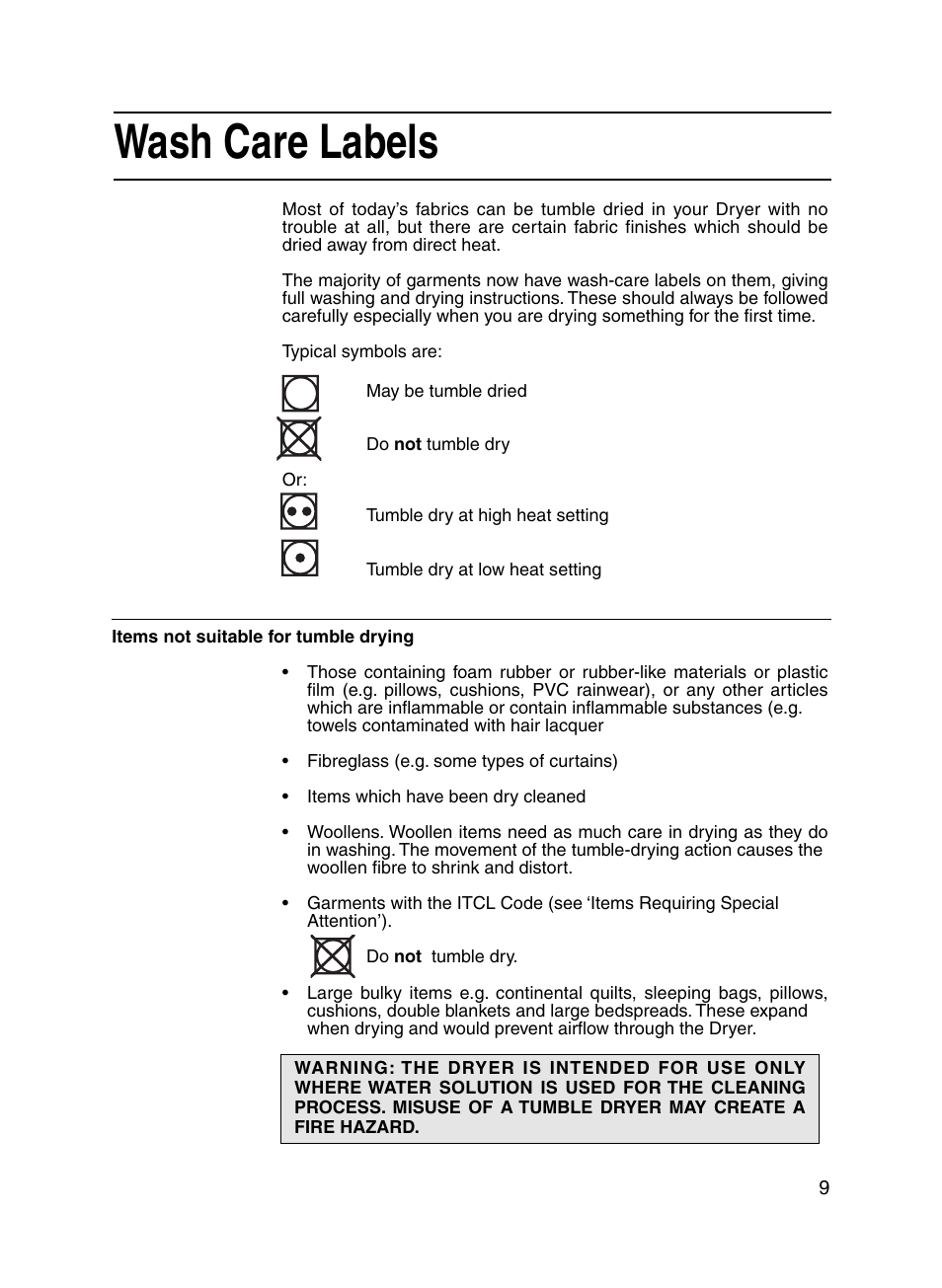 Wash care labels | Indesit IS31V User Manual | Page 9 / 20