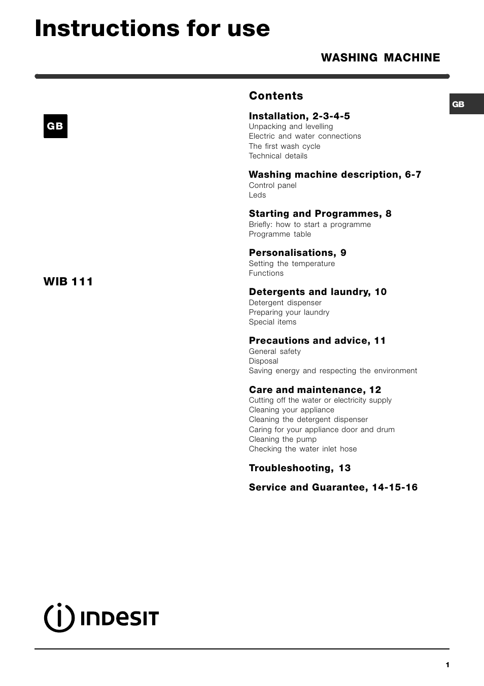 Indesit WIB 111 User Manual | 16 pages