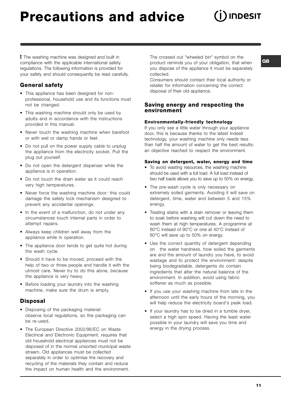 Precautions and advice, General safety, Disposal | Saving energy and respecting the environment | Indesit WIB 111 User Manual | Page 11 / 16