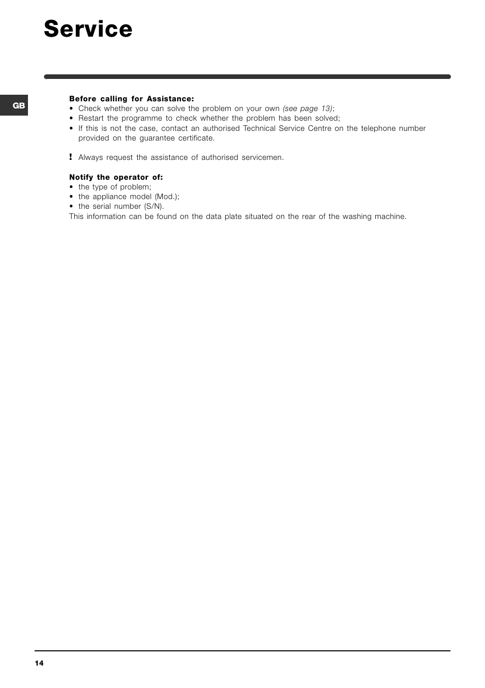 Service | Indesit WIB 111 User Manual | Page 14 / 16
