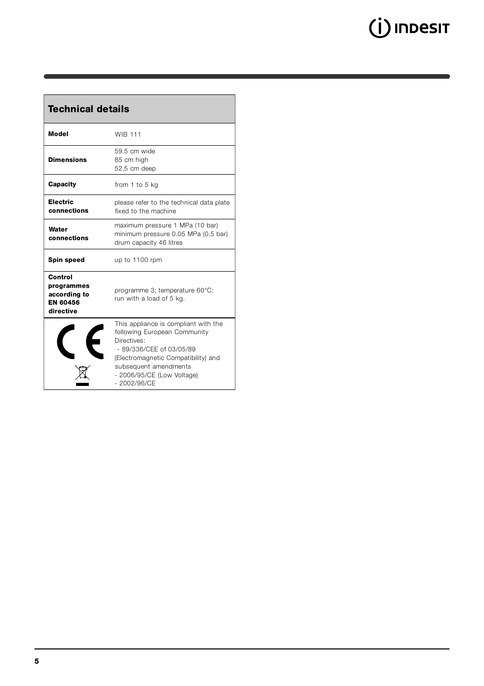 Technical details | Indesit WIB 111 User Manual | Page 5 / 16