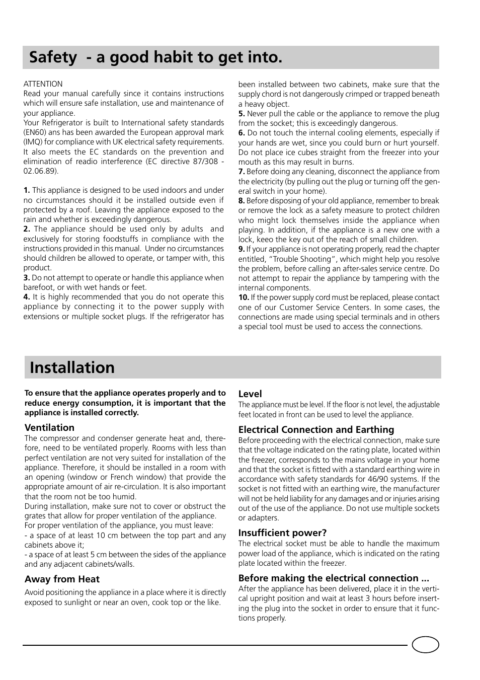 Installation, Safety - a good habit to get into | Indesit GSF4100 User Manual | Page 3 / 12